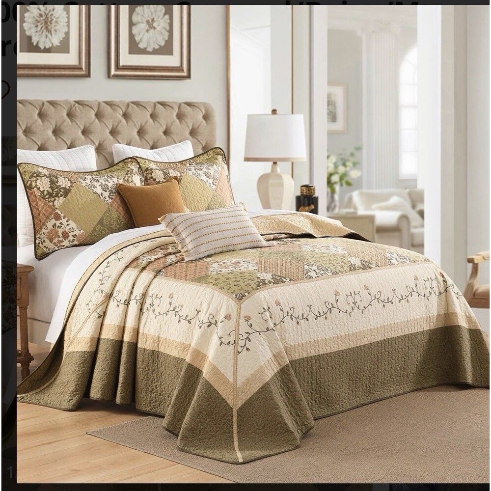 Gorgeous Oversized Queen Quilt Set 102x120 Plaid Floral Cotton Farmhouse Decor